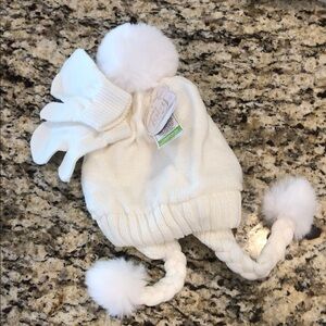Cozy White Knit Hat & Glove Set for toddlers Pom Pom beanie braided tassels